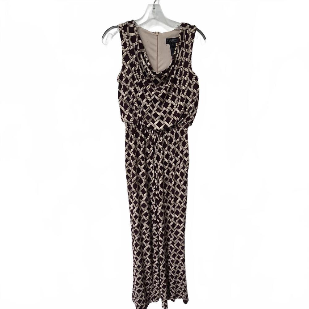 SLEEVELESS JUMPSUIT - Maroon and  Cream Woven Print, Size 4